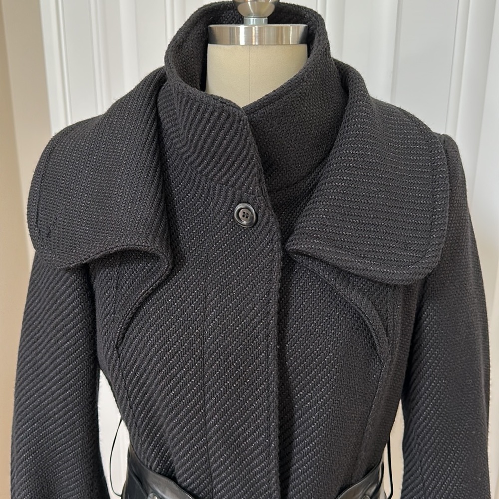 Mackage Bell sleeve textured wool blend coat leather trim/ belt. Size Large - Picture 3 of 15
